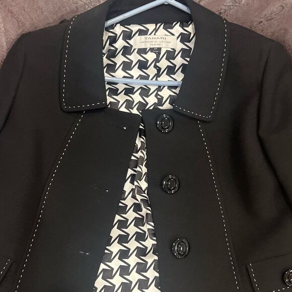 Tahari Suit Arthur Levine Skirt Size 6P Black White Stitched Trim Cuffed Sleeve - Picture 9 of 15
